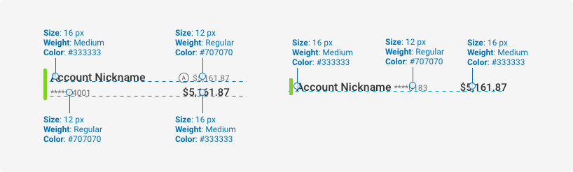 The account nickname has a font size of 16 pixels, weight medium, color #333333. The account number has a font size of 12, weight regular, color #707070. The primary balance has a 16 pixels, weight medium, color #333333. The secondary balance has a font size of 12, weight regular, color #707070. 