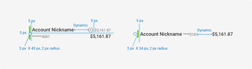 Horizontal account displays as follows: Color bar is five pixels wide, 45 pixels in height and has a 2 pixel radius. Five pixels padding in between the color bar and Account nickname. Nickname and account number are vertically stacked and left aligned. The space in between the nickname and number and the balance(s) is dynamic. Five pixels padding between account nickname and number. Five pixels padding between the “available balance” icon and the balance. Vertical account displays as follows: Color bar is five pixels wide, 24 pixels in height and has a 2 pixels radius. Five pixels padding in between the color bar and Account nickname with number to the right. The space between the name and number and the balance is dynamic.