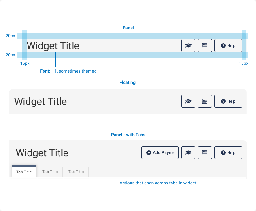A visual of three Marquee examples. The first example is a panel marquee includes a H1 titles, that is sometimes themed, padding on top and bottom is 20 pixels, left and right padding is 15 pixels. The second visual includes a floating marquee with Title and 3 buttons justified right. The third marquee is a panel with tabs, a title, an add payee action button, three buttons and three primary tabs 