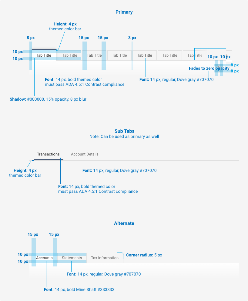 Primary tab displays as follows: Themed color bar is 4 pixels in height, Font is 14 pixels, bold with theme color that passes ADA 4.51. contrast ratio guideline, shadow is hex value 000000, 15% opacity, 8 pixel blur, 10 pixel padding top and bottom, 10 pixel padding on the left and right, active tab background is white, inactive tab background is white sand, hex value f5f5f5. Sub tabs an be used as the primary tab and only in a themed color bar of 4 pixels. Alternative tabs are the same as Primary tabs but with a five pixel corner radius on the final tab.